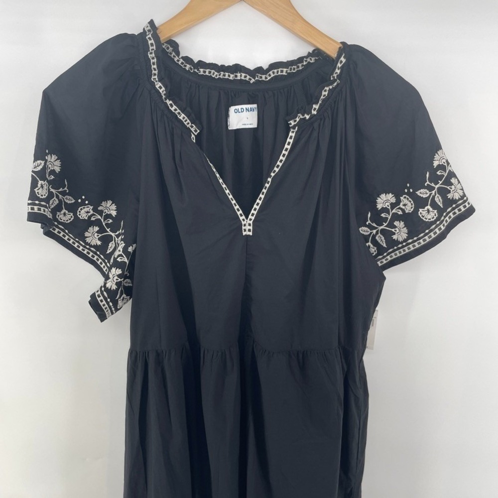 Old Navy Women L Black Embroidered Floral Mini Swing Dress Boho Peasant Festival - Picture 10 of 11